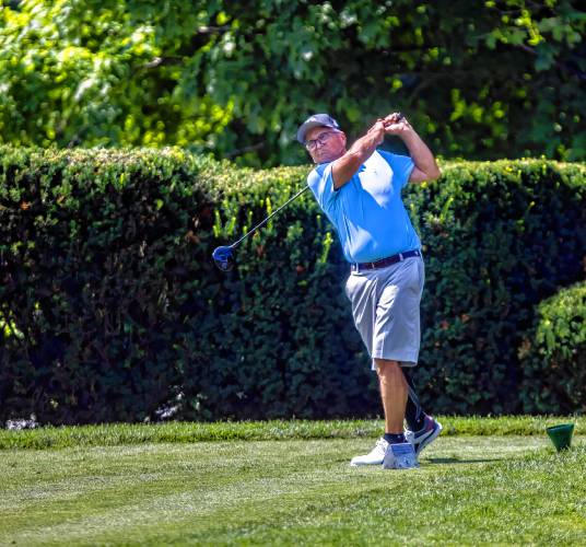 Concord’s own Bob Mielcarz hits his drive on the second hole at Concord Country Club on what could be his last round at the State Am tournament on Tuesday, July 9, 2024.