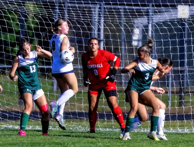 John Stark goalie Lexi Boudreau (center) gets in position in front of goal during the Generals’ season-opening game at Pembroek Academy on Aug. 30. Boudreau was named to the Division II First Team and also earned New England All-Region recognition. John Stark goalie Lexi Boudreau (center) gets in position in front of goal during the Generals’ season-opening game at Pembroek Academy on Aug. 30. Boudreau was named to the Division II First Team and also earned New England All-Region recognition.