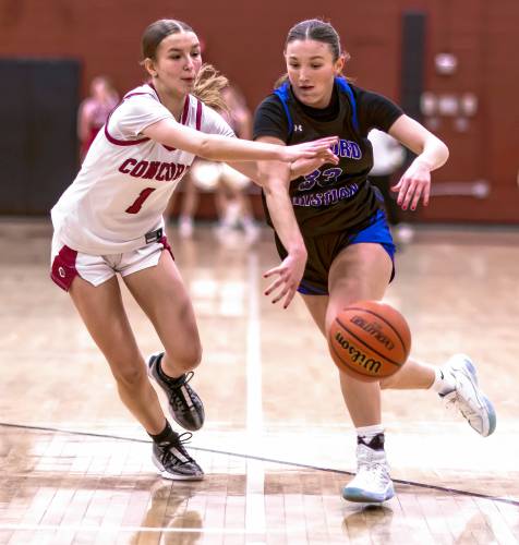 Concord Christian guard Lilli Carlile dribbles past Concord High guard Abigail Lash during the second quarter on Friday.