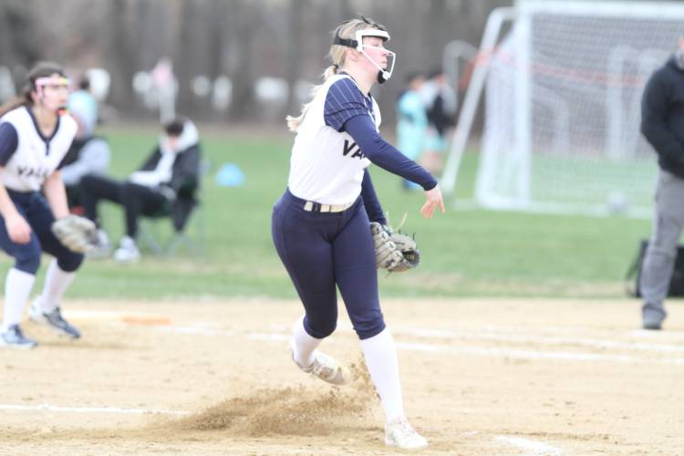 ABOVE: Merrimack Valley senior pitcher Kayla Smith held Pembroke in check in the circle and opened her softball season with a home run to beat the Spartans, 16-3.