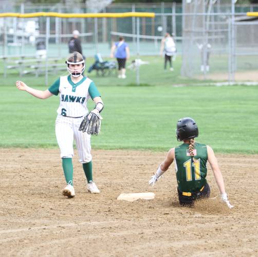 Bishop Brady's senior Payton Bryson (11) steals econd base in the Giants' big win against Hopkinton.