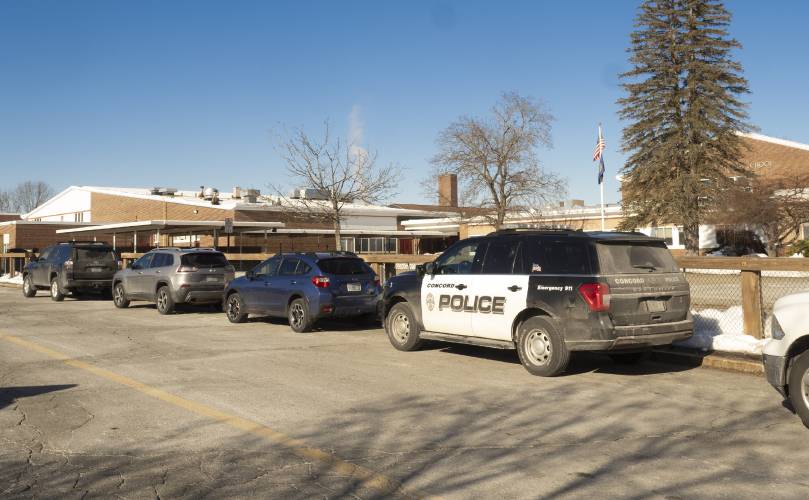 A Concord police cruiser sits outside Rundlett Middle School on Tuesday morning, February 7, 2023