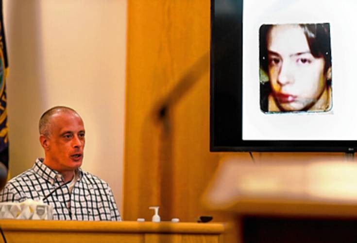 Plaintiff David Meehan testifies as his YDC intake photo at age 14 is displayed on a screen during his civil trial at Rockingham County Superior Court in Brentwood on April 17, 2024. Plaintiff David Meehan testifies as his YDC intake photo at age 14 is displayed on a screen during his civil trial at Rockingham County Superior Court in Brentwood on April 17, 2024.