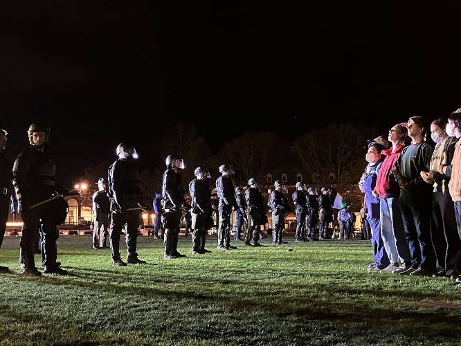 Police and protestors face off during a demonstration on the Dartmouth Green on May 1, 2024, in Hanover.
