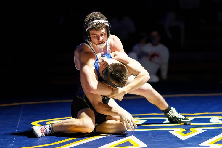 Bow's Jared Dolder wrestles his opponent in the 144-pound bout against Kearsarge on Wednesday, Jan. 3, 2024 at Bow High School. Dolder won by pin and Bow defeated Kearsarge, 78-0. CHIP GRIFFIN / Photos By Chip