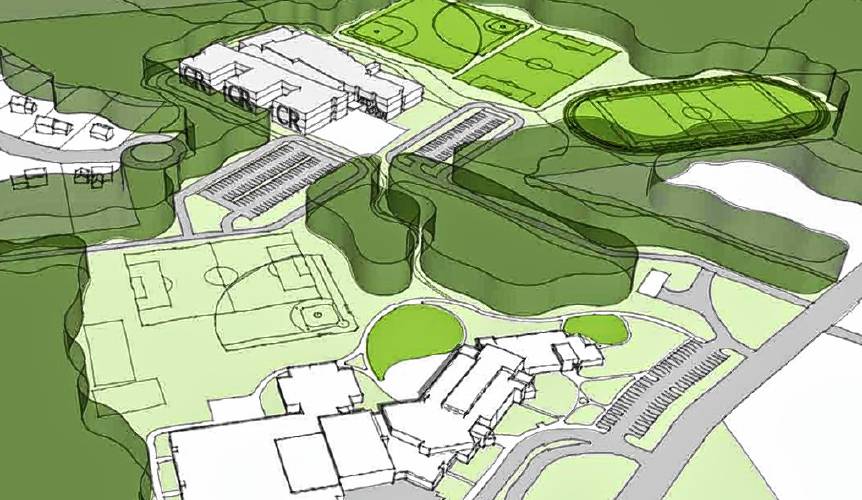 A rendering of the new middle school project by architects HMFH showing the new school at the top with its accompanying fields and proximity to elementary schools on the Heights. 