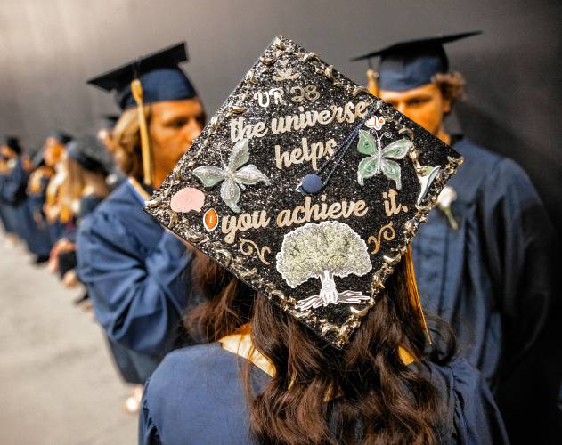 One of the many caps adorned with artwork at the Bow graduation on Friday.