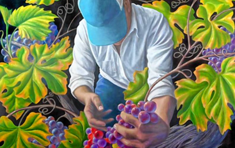 “Field Harvest” is a 5-by-8-foot painting from a series of eight by Jay Mercado.