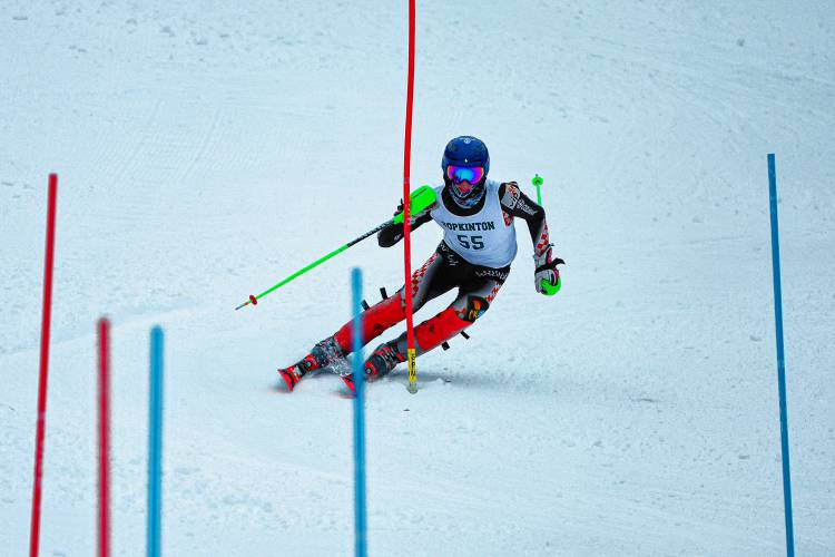 Hopkinton’s Merrick Chapin races in the slalom at the 16th annual Capital Cup at Proctor Academy on Monday. Chapin won the boys’ slalom, helping lead Hopkinton to its second consecutive Capital Cup title.