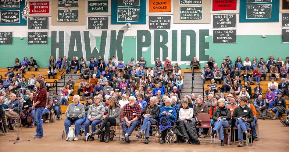 The gymnasium at Hopkinton High School was full during the school district meeting on Saturday, March 9, 2024.
