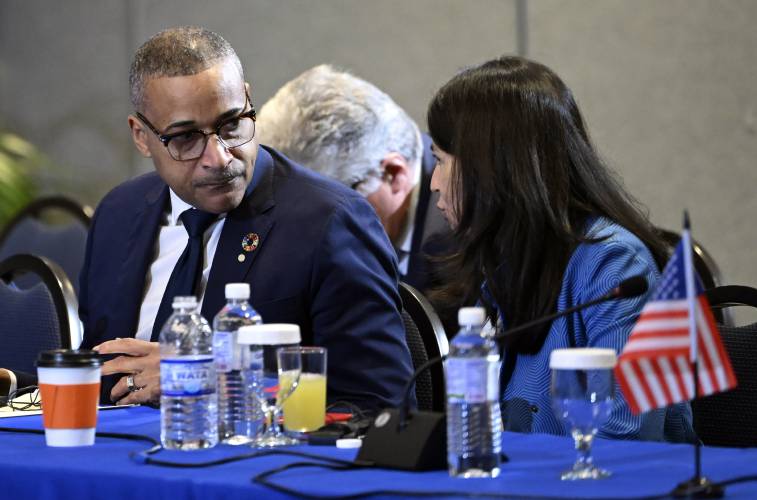 UN Chef de Cabinet Earle Courtenay Rattray, left, attends a meeting on Haiti at the Conference of Heads of Government of the Caribbean Community (CARICOM) in Kingston, Jamaica, on Monday, March 11, 2024. (Andrew Caballero-Reynolds, Pool via AP)