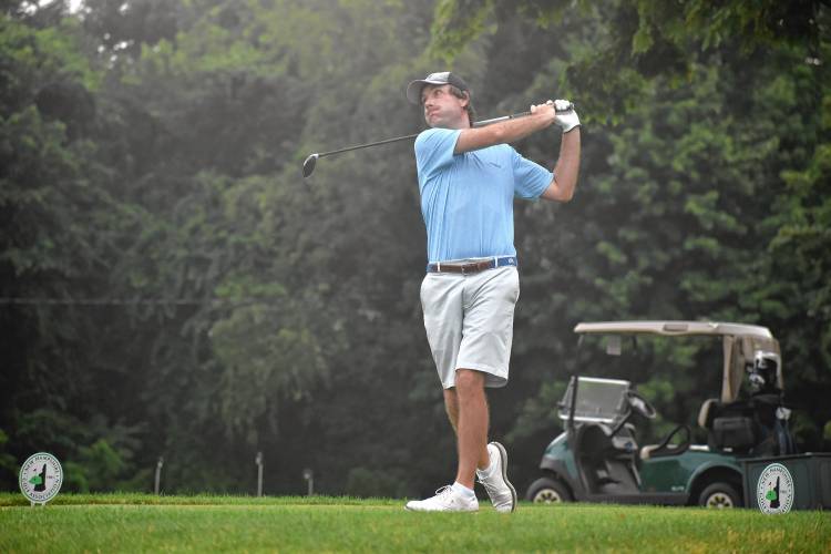 Grantham’s Stephen Goodridge of Eastman Golf Links tees off during the second half of Saturday’s 36-hole New Hampshire Amateur final. Goodridge, who was making his first appearance in the championship match, erased a five-hole deficit to nearly claim the crown.
