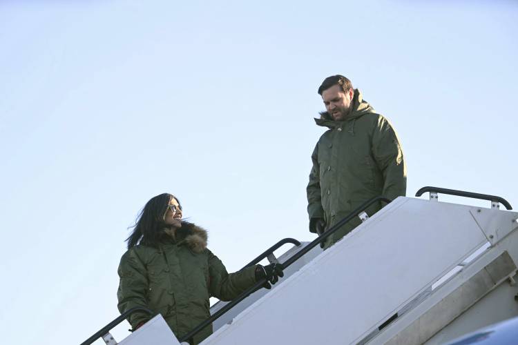 Vice President JD Vance, right, and second lady Usha Vance arrive at Pituffik Space Base in Greenland on March 28. Vice President JD Vance, right, and second lady Usha Vance arrive at Pituffik Space Base in Greenland on March 28.