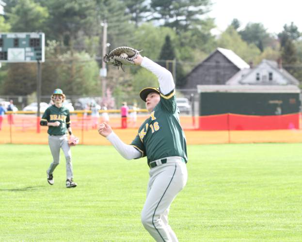 Bishop Brady's first baseman, junior Ronan Hetherman, made a tough catch on a foul ball with the sun in his eyes against the Hopkinton Hawks.