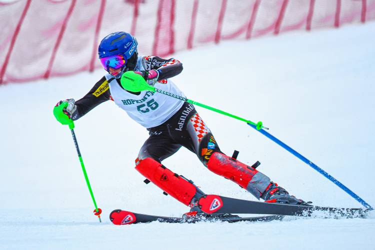 Hopkinton’s Merrick Chapin races in the slalom at the 16th annual Capital Cup at Proctor Academy on Monday. Chapin won the boys’ slalom, helping lead Hopkinton to its second consecutive Capital Cup title.