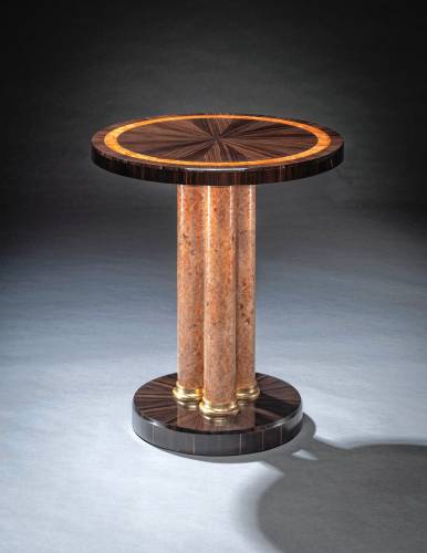 Richard Oedel Art Deco Side Table, Macassar Ebony, Maple Burl, 23k gold leaf 23” diameter, 26” tall