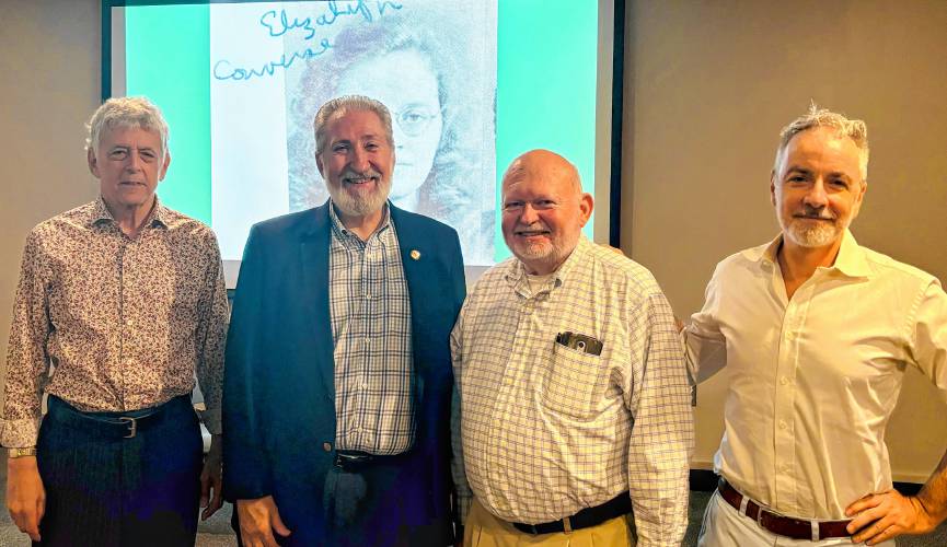 Retired Concord High School social studies teacher Chris Makris, Concord Mayor Byron Champlin, Connie’s second cousin Joseph Thomas Converse and Howard Fishman, author of “To Anyone Who Ever Asks: The Life, Music, and Myster of Connie Converse” at the Concord Public Library’s Connie Converse at 100: A Concord Salute