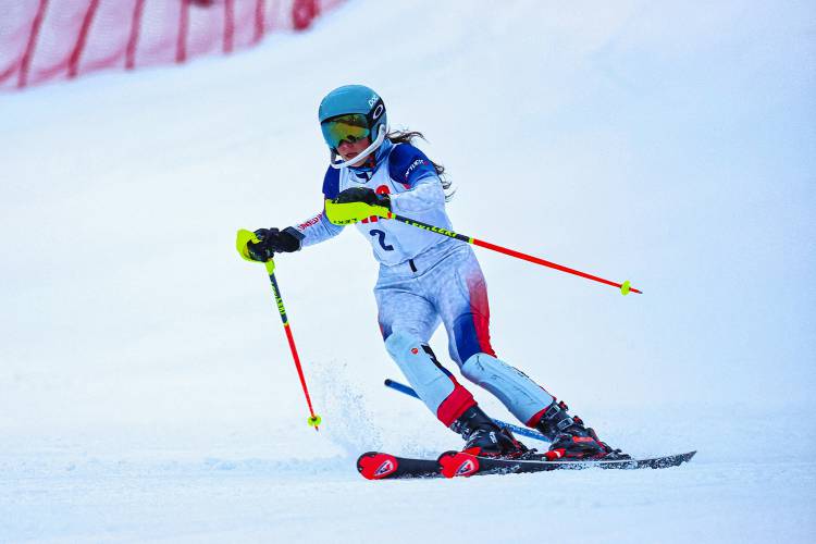 Concord’s Mika Taylor races in the slalom at the 16th annual Capital Cup at Proctor Academy on Monday. Taylor defended her title in the girls’ slalom, leading the Crimson Tide to second place as a team.