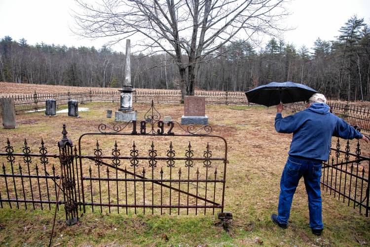 Norm Yeaton enters the second private Yeaton cemetery off of North Road in Epsom on Thursday, April 11, 2024. Yeaton has taken on the arduous research project by Yeaton to understand the sheer volume of people in Epsom whose last name was the same as his--even when the name was Yeton before they added the ‘a’ sometime in the 19th century.