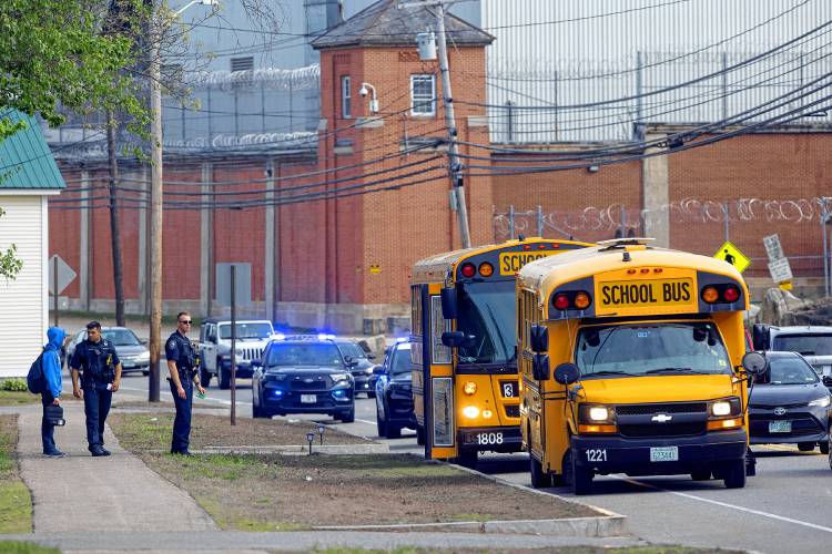 A Concord School District bus was stopped outside the State Prison on North State Street on Friday while police investigated an incident inside. A Concord School District bus was stopped outside the State Prison on North State Street on Friday while police investigated an incident inside.