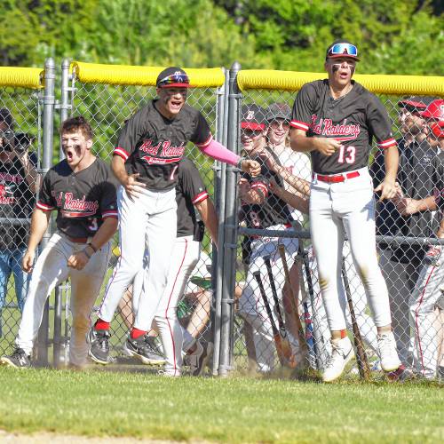 Belmont teammates react to junior Anakin Underhill’s solo home run in the fourth inning of Saturday’s baseball quarterfinal. Belmont defeated White Mountains, 11-1,