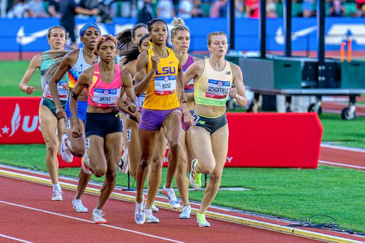 Former Penacook resident and Merrimack Valley High School alum Kristie Schoffield (far right) leads the pack early in the 800-meter finals at the U.S. Olympic trials on Monday night at Hayward Field in Eugene, Ore. Schoffield finished sixth in a field that included former national champions, world champions and Olympic medalists. The top three qualified for the U.S. Olympic team to compete at the Paris Games.