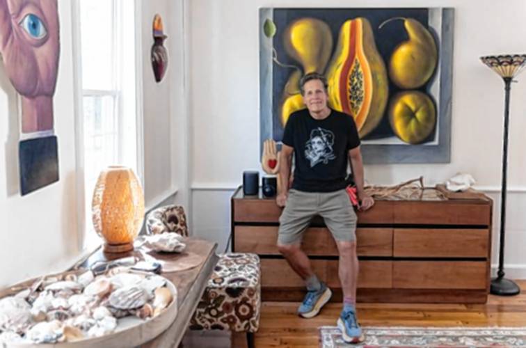 The walls of Jay Mercado’s home in Jaffrey are proudly adorned with his large oil paintings, often depicting fruit or laborers working in fields. Mercado’s grandparents were farmers, and he grew up interested in telling the stories of the laborers, often visiting farms to sketch and watch their work. 