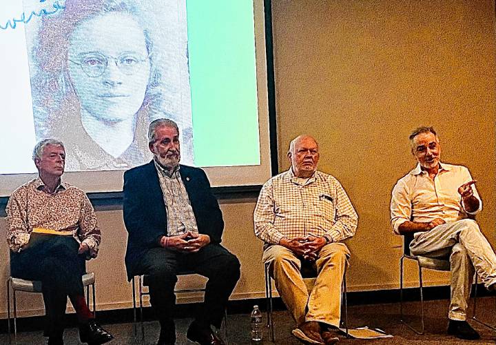 Retired Concord High School social studies teacher Chris Makris, Concord Mayor Byron Champlin, Connie’s second cousin Joseph Thomas Converse and Howard Fishman, author of “To Anyone Who Ever Asks: The Life, Music, and Myster of Connie Converse” at the Concord Public Library’s Connie Converse at 100: A Concord Salute.