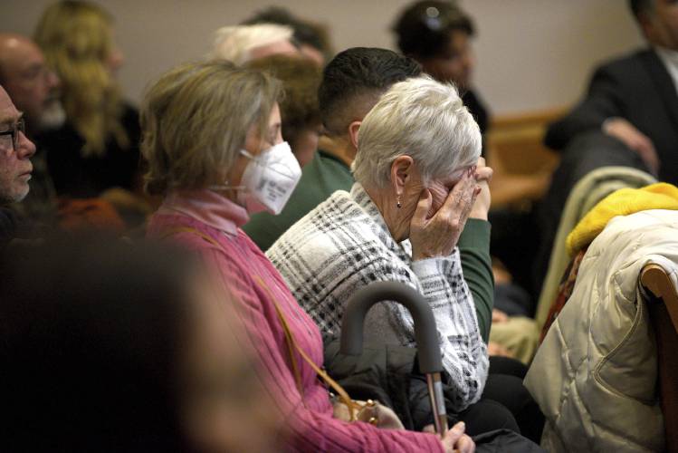 Family and friends of Bradley Asbury react at his sentencing hearing at Hillsborough County Superior Court in Manchester, N.H., Monday, Jan. 27, 2025. (David Lane/Union Leader via AP, Pool)