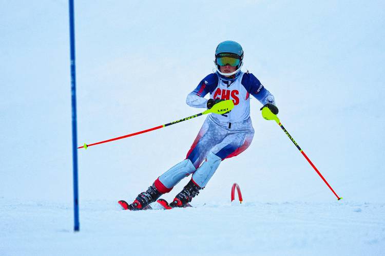 Concord’s Mika Taylor races in the slalom at the 16th annual Capital Cup at Proctor Academy on Monday. Taylor defended her title in the girls’ slalom, leading the Crimson Tide to second place as a team.