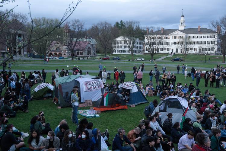 Students protesting the Israel-Hamas War and demanding Dartmouth College divest from companies connected to Israel, set up an encampment on the Dartmouth College Green in Hanover, N.H., on Wednesday, May 1, 2024, defying the University’s policies on use of the Green. (Valley News - James M. Patterson) Copyright Valley News. May not be reprinted or used online without permission. Send requests to permission@vnews.com.