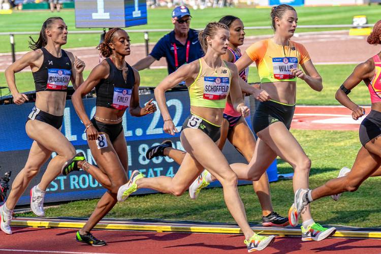 Penacook resident and Merrimack Valley alum Kristie Schoffield (center) races in the 800-meter semifinals on Sunday night at Hayward Field in Eugene, Ore. Schoffield’s time qualified her for the finals at the U.S. Olympic track and field trials.