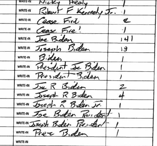 The tally sheet for the Democratic ballot in the 2024 Presidential Primary in Sutton shows how many different different ways voters wrote in President Joe Biden's name.