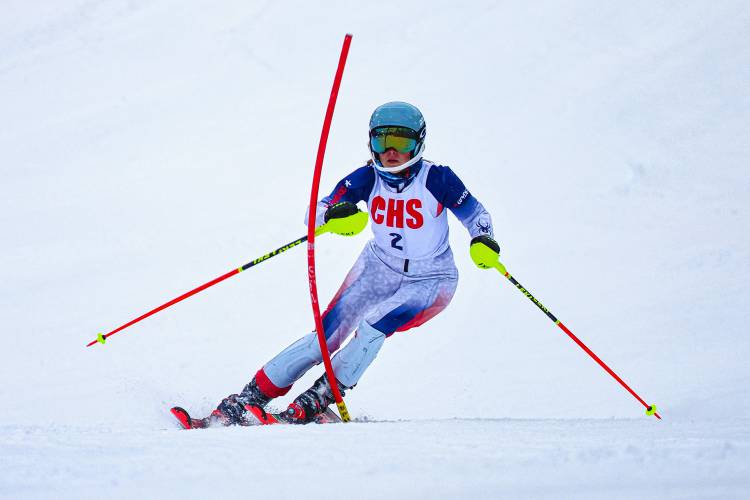 Concord’s Mika Taylor races in the slalom at the 16th annual Capital Cup at Proctor Academy on Monday. Taylor defended her title in the girls’ slalom, leading the Crimson Tide to second place as a team.