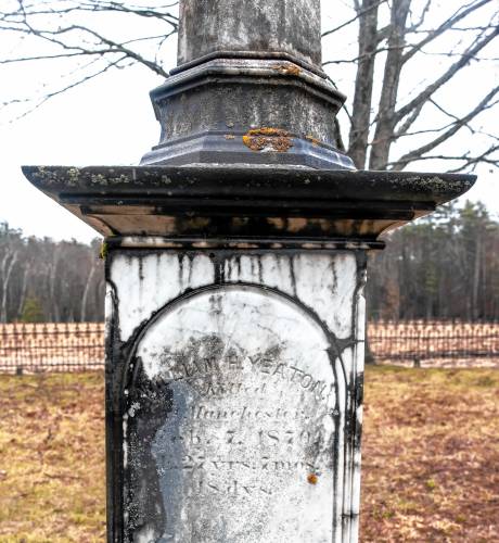 A grave marker at the second private Yeaton cemetery off of North Road in Dpsom on Thursday, April 11, 2024. Norm Yeaton has taken on the arduous research project by Yeaton to understand the sheer volume of people in Epsom whose last name was the same as his--even when the name was Yeton before they added the ‘a’ early in the 19th century.