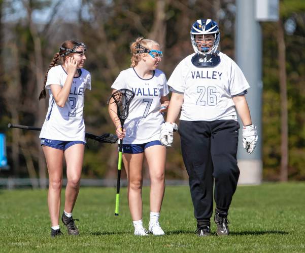 Merrimack Valley players Grace Corliss (3) and Lenna Quiter (7) and goalie Taylor Gionet come out for the second quarter of Monday’s D-II girls’ lacrosse game with Kingswood. The Pride rolled to a 14-3 win, their fifth victory in six games so far this spring.