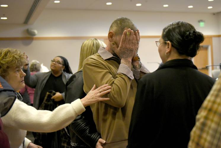 YDC victim Michael Gilpatrick reacts after Bradley Asbury, 70, got the maximum sentence at Hillsborough County Superior Court in Manchester, N.H., Monday, Jan. 27, 2025. (David Lane/Union Leader via AP, Pool)