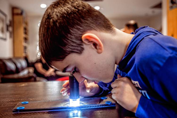 Bryce LeGeyt looks at a slide with tiny sea creatures through a mini microscope in the family living room on January 9, 2025.