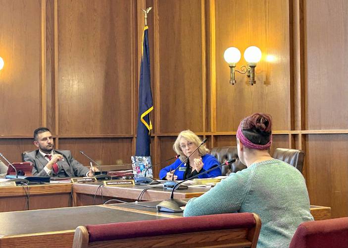 Merrimack resident Heather Robitaille (right) discusses potential school library policies with senators Debra Altschiller and Daryl Abbas. Merrimack resident Heather Robitaille (right) discusses potential school library policies with senators Debra Altschiller and Daryl Abbas.