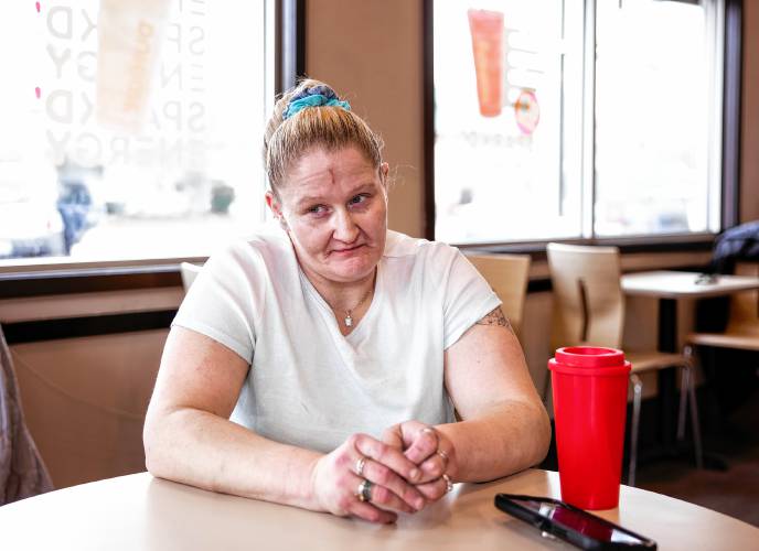 Marjorie Blaisdell talks about her homeless situation at the South Main Street Dunkin Doughnuts on Tuesday, March 5, 2024.