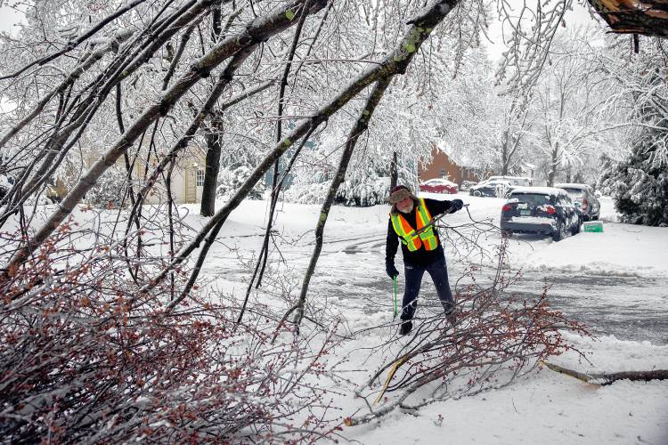 Marty Walsh clears the branches that fell down in front of his home on Middlebury Street in the South End of Concord on Thursday, April 4, 2024. Walsh did not lose power but got out and cut the branches so cars could get through.