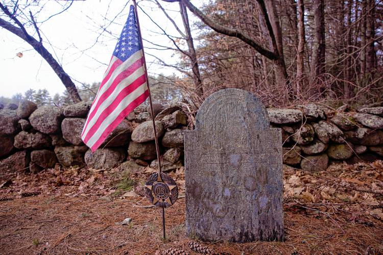 One of the oldest grave markers in the private Yeaton cemetery off of Black Hill Road in Epsom. The markings have been worn off but there is a veteran marker near the grave.