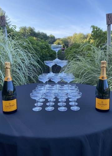 A champagne tower at a wedding reception.