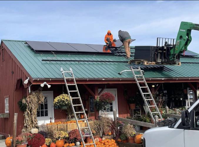 Solar panels are installed at Spring Ledge Farm in New London as part of a transition to renewable energy, including wood heat.