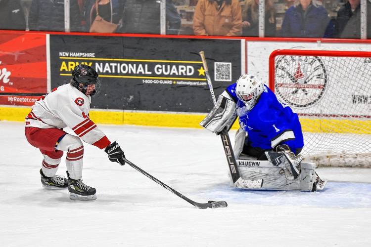 Concord’s Jaden Haas prepares to fire a shot into the back of the net against Salem on Saturday, Feb. 10, 2024 at Everett Arena. Haas scored two goals in the 7-1 victory. Concord’s Jaden Haas prepares to fire a shot into the back of the net against Salem on Saturday, Feb. 10, 2024 at Everett Arena. Haas scored two goals in the 7-1 victory.