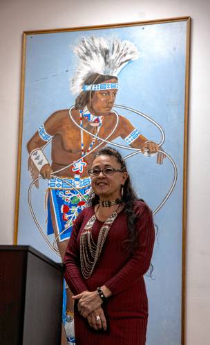 Author Christine Nih’Shaw addresses the crowd at her presentation at the Mt. Kearsarge Indian Museum for Indigenous Peoples' Day on Monday, October 14, 2024. Nih’Shaw has written books for both children and young adults and is a boxer.