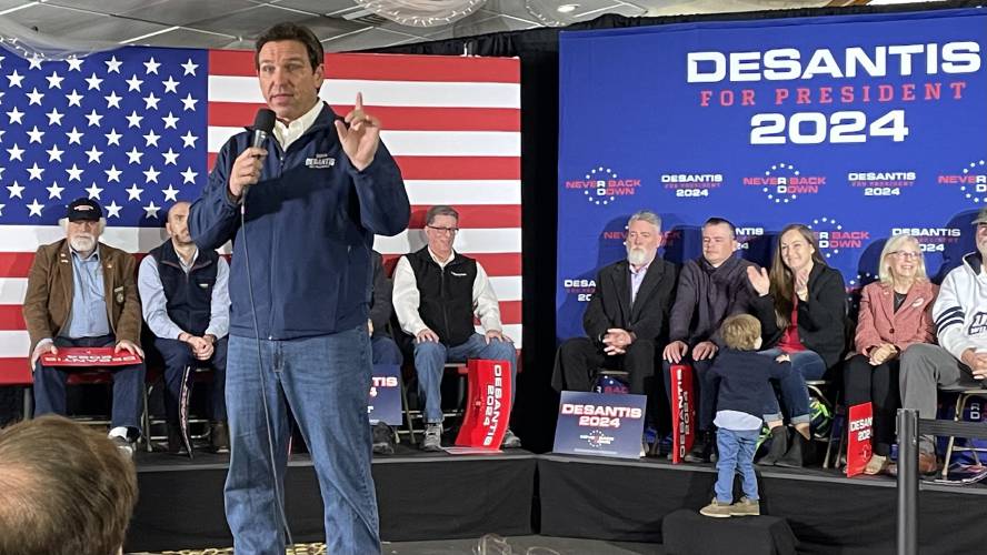 Florida Gov. Ron DeSantis speaks during a campaign rally in Manchester.