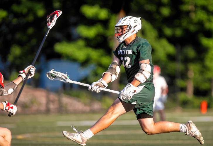 Hopkinton midfielder Jackson Westover scores against Campbell at the Div.III semifinals at Bank of NH Stadium in Laconia on Wednesday, June 5, 2024.