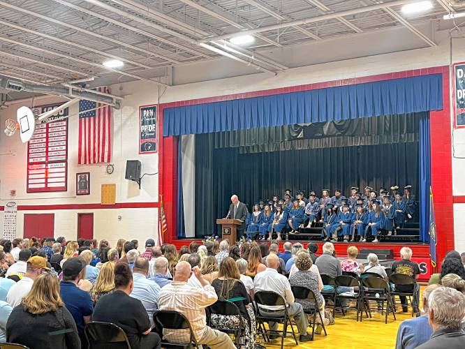 Physical education teacher Richard Anthony addresses the 35 Pittsfield graduates in the class of 2024.