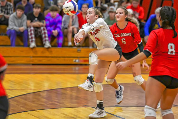 Coe-Brown’s Halie Comeau (4) returns a serve during the Division II volleyball semifinal match on Nov. 6. Comeau was named to the D-II All-State First Team. Coe-Brown’s Halie Comeau (4) returns a serve during the Division II volleyball semifinal match on Nov. 6. Comeau was named to the D-II All-State First Team.